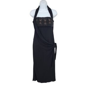 Alberta Ferretti Beaded Halter Neck Wrap Black Cocktail Dress Size 6 NWT